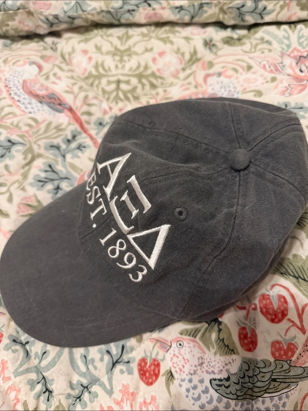 Gray Baseball Cap with White Embroidered Letters Alpha Xi Delta